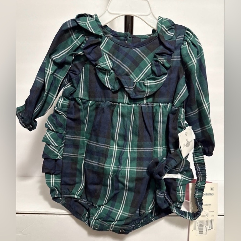 Rare Editions Infant Girl 9M Green/Blue Plaid Romper W/ Ruffle Bottom & Headband